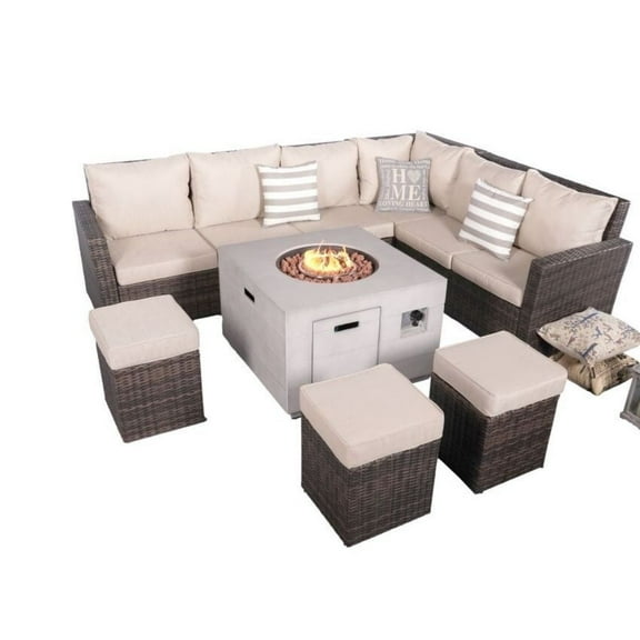 Abrihome 8-Piece Patio Brown Rattan Wicker Conversational Sofa Set with Fire Pit Table and Ottomans