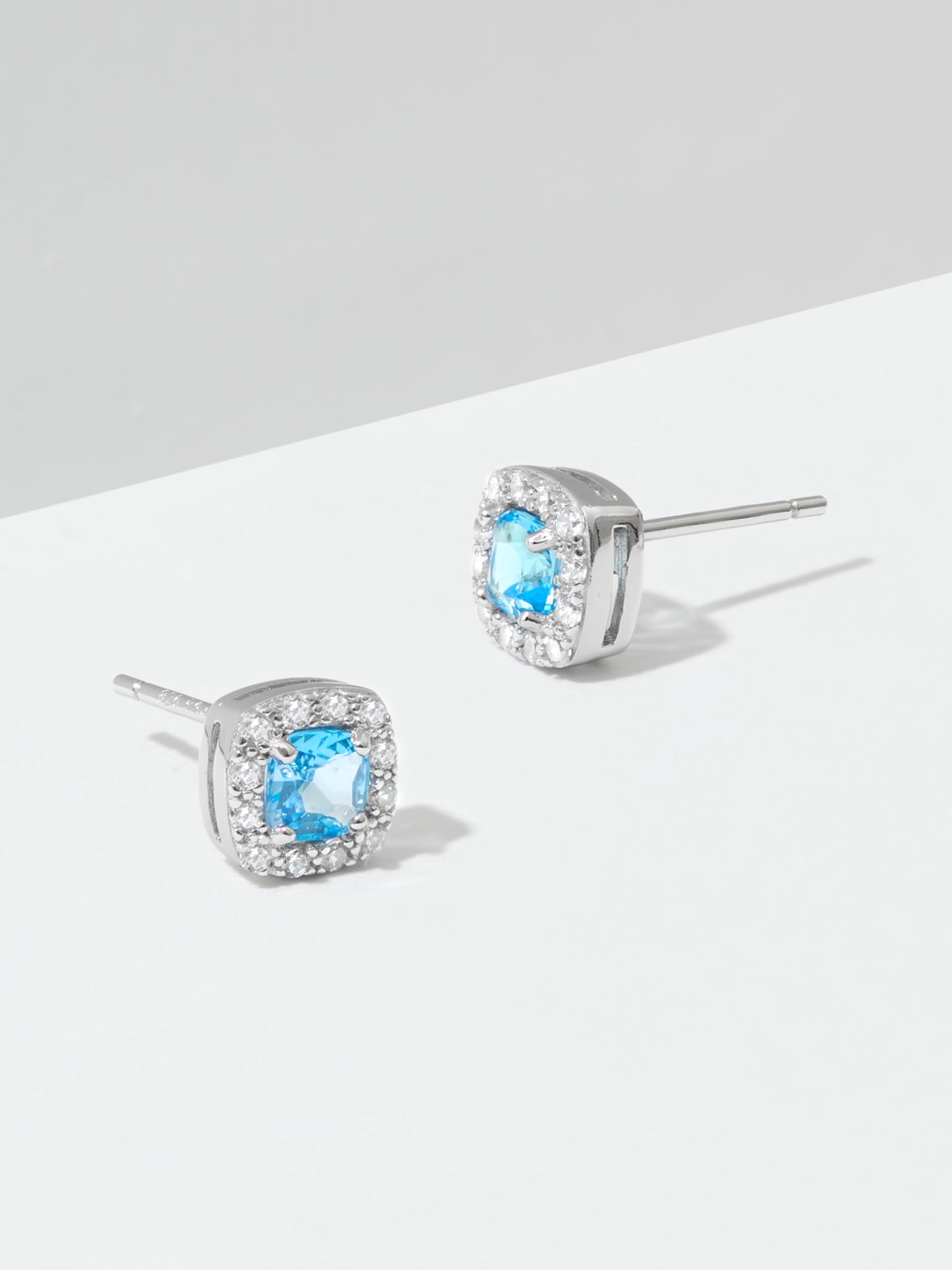 Forever Facets Women's Platinum over Sterling Silver Genuine Swiss Blue Topaz and CZ Stud Earrings