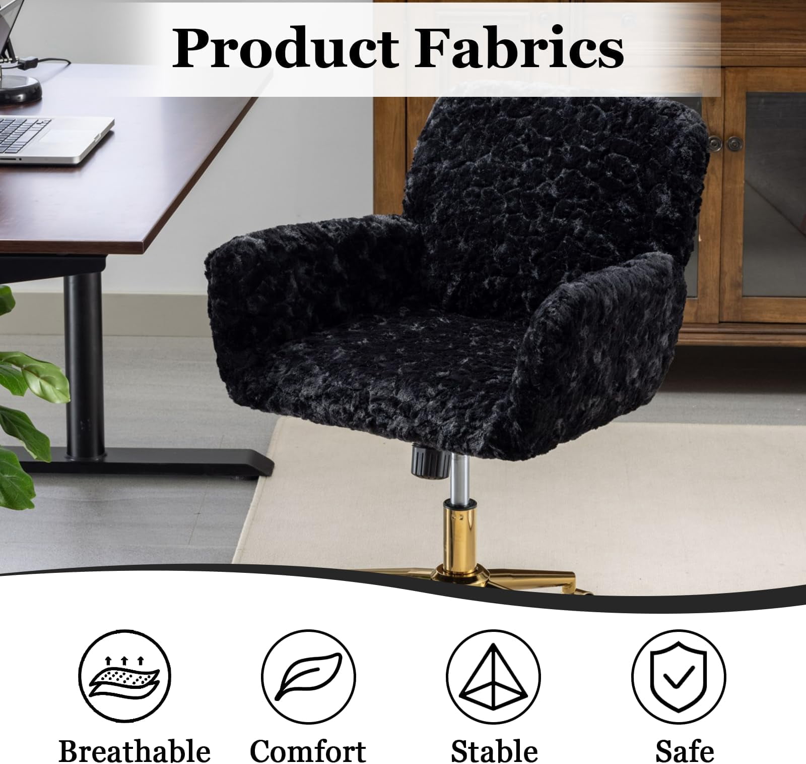 JESTOP Furry Cute Office Chair, Modern Swivel Desk Chair with Wheels, Adjustable Makeup Vanity Chairs with Back, Upholstered Rolling Chairs for Vanity Makeup Room Study Indoor