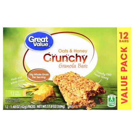 Great Value Crunchy Granola Bars, Oats & Honey, 1.4 oz, 12