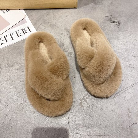 

CoCopeanut Street Trend Cross Band Ladies Fluffy Fur Slippers Winter Solid Bedroom Girls Plush Shoes Fashion House Women Fluffy Slippers