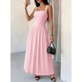 thumbnail image 3 of Petite Womens Solid Pink Square Neck Ruched Flared Maxi Dress For Spring Summer, 3 of 7