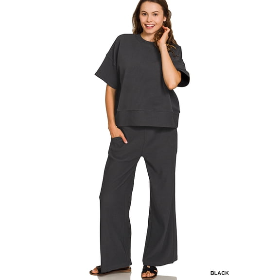 Zenana Women's Ribbed Round Neck Short Sleeve Tee & Wide Leg Pants Set
