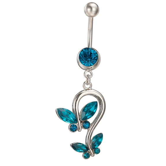 1pc Piercing Jewelry Brass Rhinestone Double Butterfly Navel Ring Belly Rings Blue Zircon 51x17mm Bar Length: 3/8"(10mm) Bar: 14 Gauge(1.6mm)