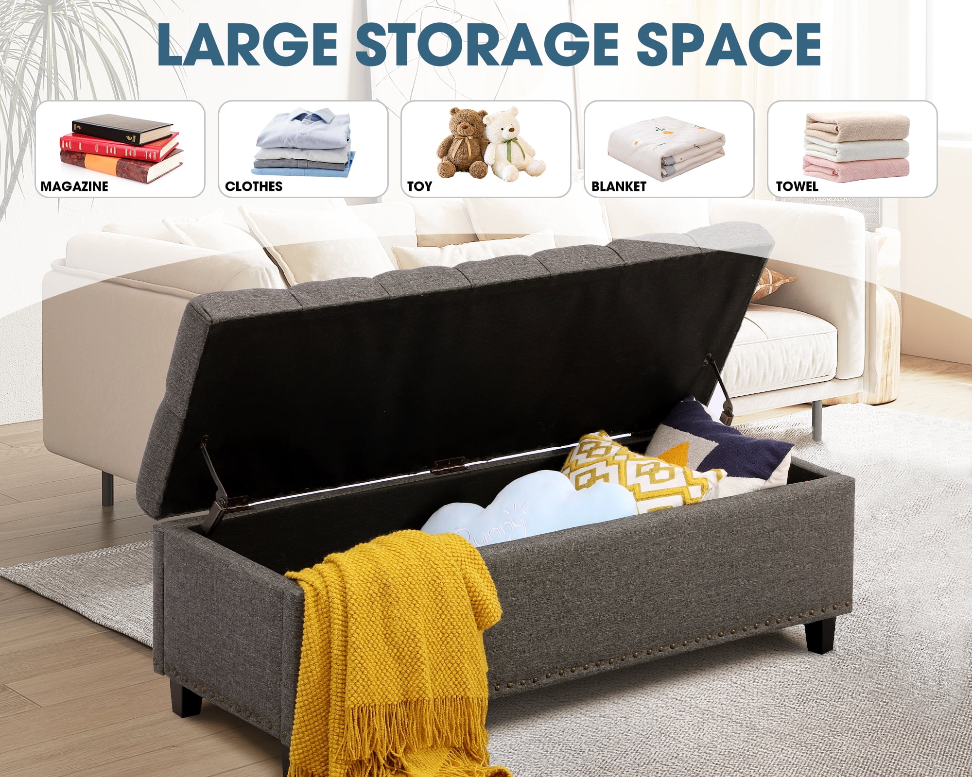 Haverchair 51" Ottoman Storage Benches, 30 Gallons End of Bed Storage Bench, Large Rectangular Storage Ottoman, Button-Tufted Ottoman with Storage for Living Room Bedroom, Foot of Bed (Gray)