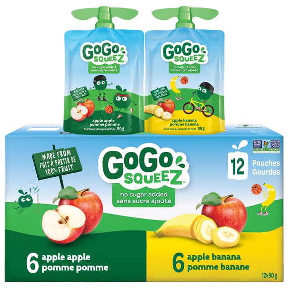 GoGo squeeZ Fruit Sauce Snack Pouches Variety, Apple, Apple Banana, No Sugar Added Box of 12 Pouches