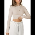 thumbnail image 2 of Camisetas Básicas de Cuello Redondo y Larga para Mujer, Corte Ajustado, Ropa Informal para Salir y Hacer Ejercicio, Camisetas de Punto Acanalado. Albaricoque S, 2 of 8