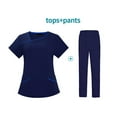 thumbnail image 2 of Women Scrubs Setst Solid Color V-Neck Short Sleeve Long Pants Nurse Uniform with Pockets Dark Blue XL, 2 of 5