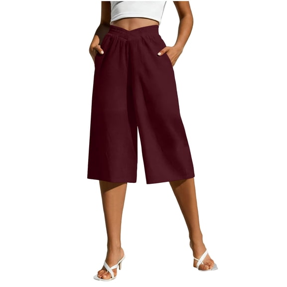 LAJPXKHY Cotton Linen Capris for Women Summer Lightweight Breathable Casual Loose Elastic High Waist Wide Leg Capri Pants with Pockets