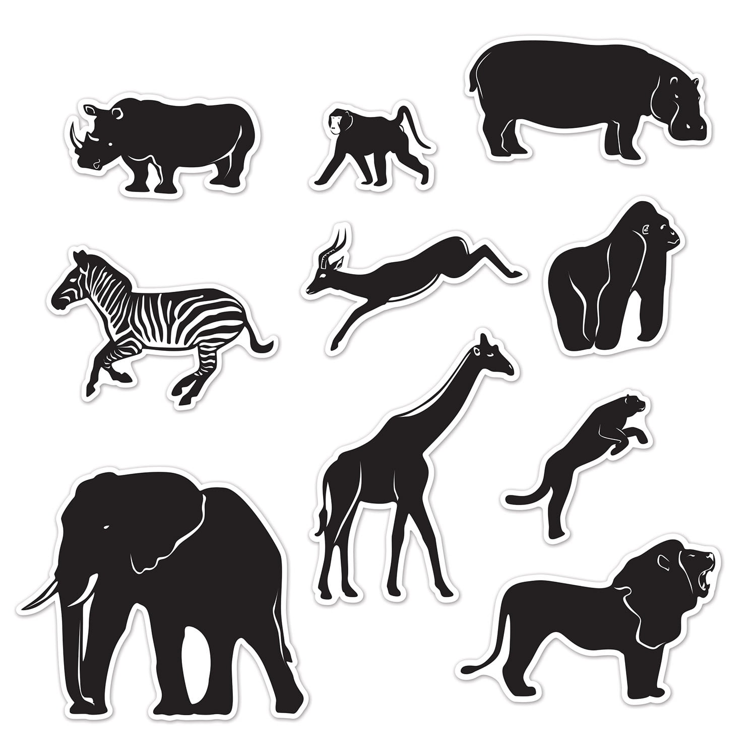 Club Pack of 12 Black Wild Jungle Animal Silhouette Wall Cutouts Decors  