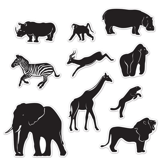 Club Pack of 12 Black Wild Jungle Animal Silhouette Wall Cutouts Decors 15.25"