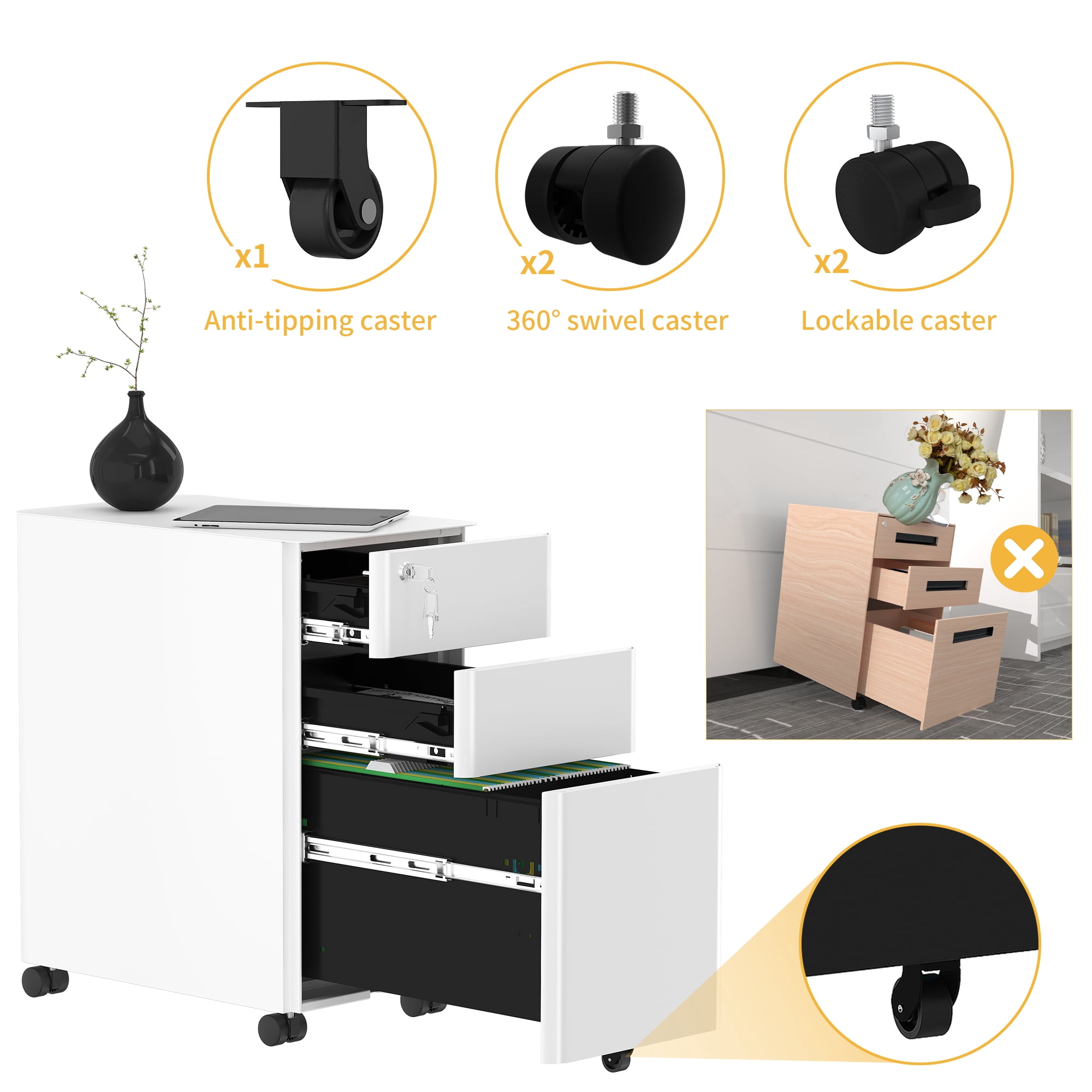 Uforic Mobile Slim File Cabinet with Lock, 3 Drawers, Portable Metal Office Storage Filing Cabinet, Accommodates Lega Size, Pre-Assembled Cabinet Excluding Casters, Designed to Fit Under Desk, White