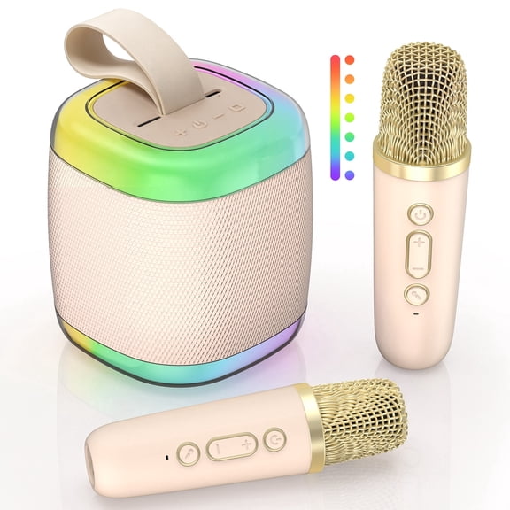 Mini Karaoke Machine with 2 Wireless Microphones, Portable Bluetooth Karaoke Speaker with RGB LED Party Lights, Rechargeable Singing Speaker with Handle for Adults Home Party Birthday Gift, Beige