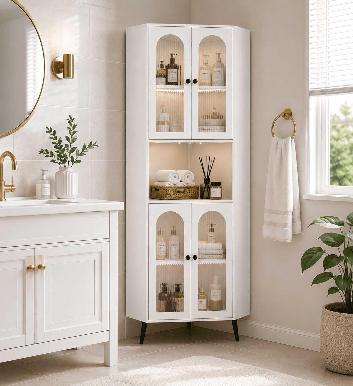 Homy Casa 73" Corner Cabinet with Glass Doors, Tall Storage Cabinet for Living Room, White