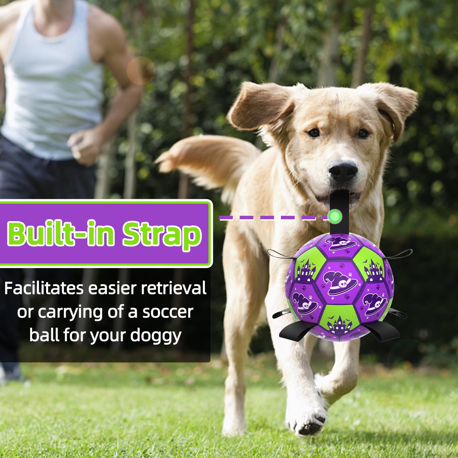 QDAN Halloween Dog Toys Ball, Soccer Ball with Straps for Dog Birthday Gift, Tug of War Interactive Dog Toys, Puppy Toys for Small Medium large Size Dogs, Purple & Green, 7inch