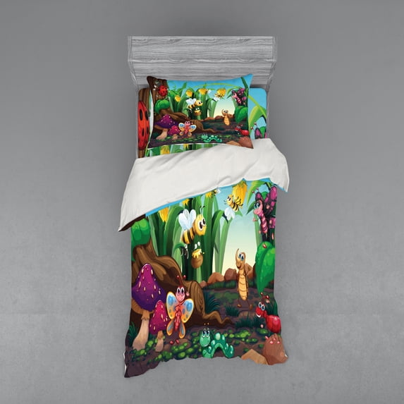 Ambesonne Animal Bedding Set 3 Pcs, Butterfly Bee in Exotic, Twin XL, Multicolor