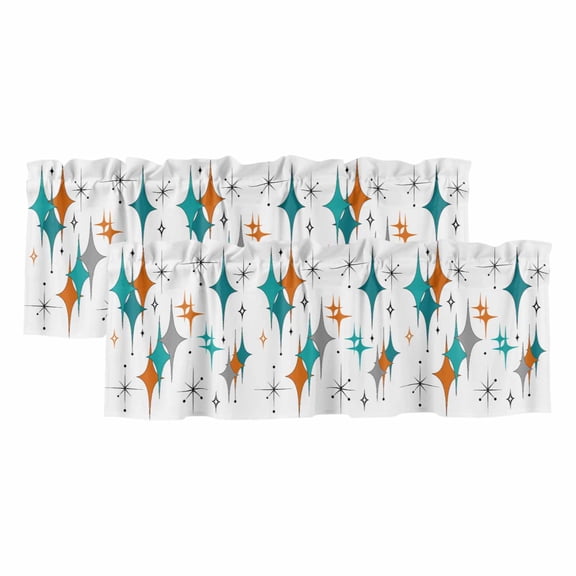 2 Panels Boho Middle Century Valance for Windows, Retro Orange Teal Grey Star Rhombus Light Filtering Kitchen Curtains, Rod Pocket Window Treatment Curtain Valances for Living Room Bedroom, 42"x12"