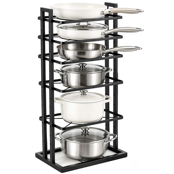 Adjustable Pot and Pan Organizer Rack for Cabinet & Countertop - 5-Tier Vertical Storage Rack with Sturdy Metal Frame, Customizable Compartment & Height, Space-Saving Kitchen Storage Solution