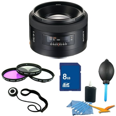Sony SAL50F14 50mm f/1.4 Standard Lens Essentials Kit. Kit Includes Lens, Filter Kit, 8 GB Memory Card, 3 Pcs. Lens Cleaning Kit, Lens Cap Keeper, and Professional Blower / Dust Removal System