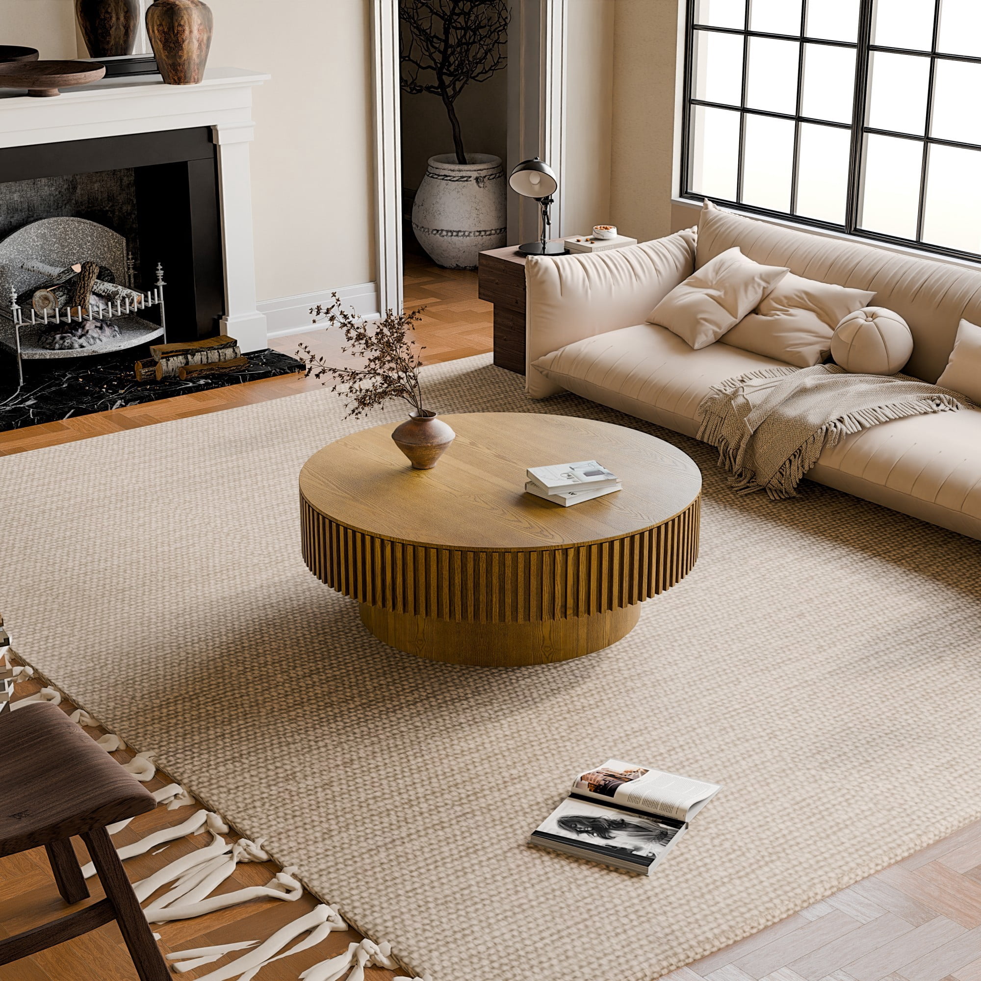 39.37" Round Coffee Table with Storage, Fluted Modern Coffee Table with Hidden Storage, Wood Veneer Center Table for Living Room, Brown
