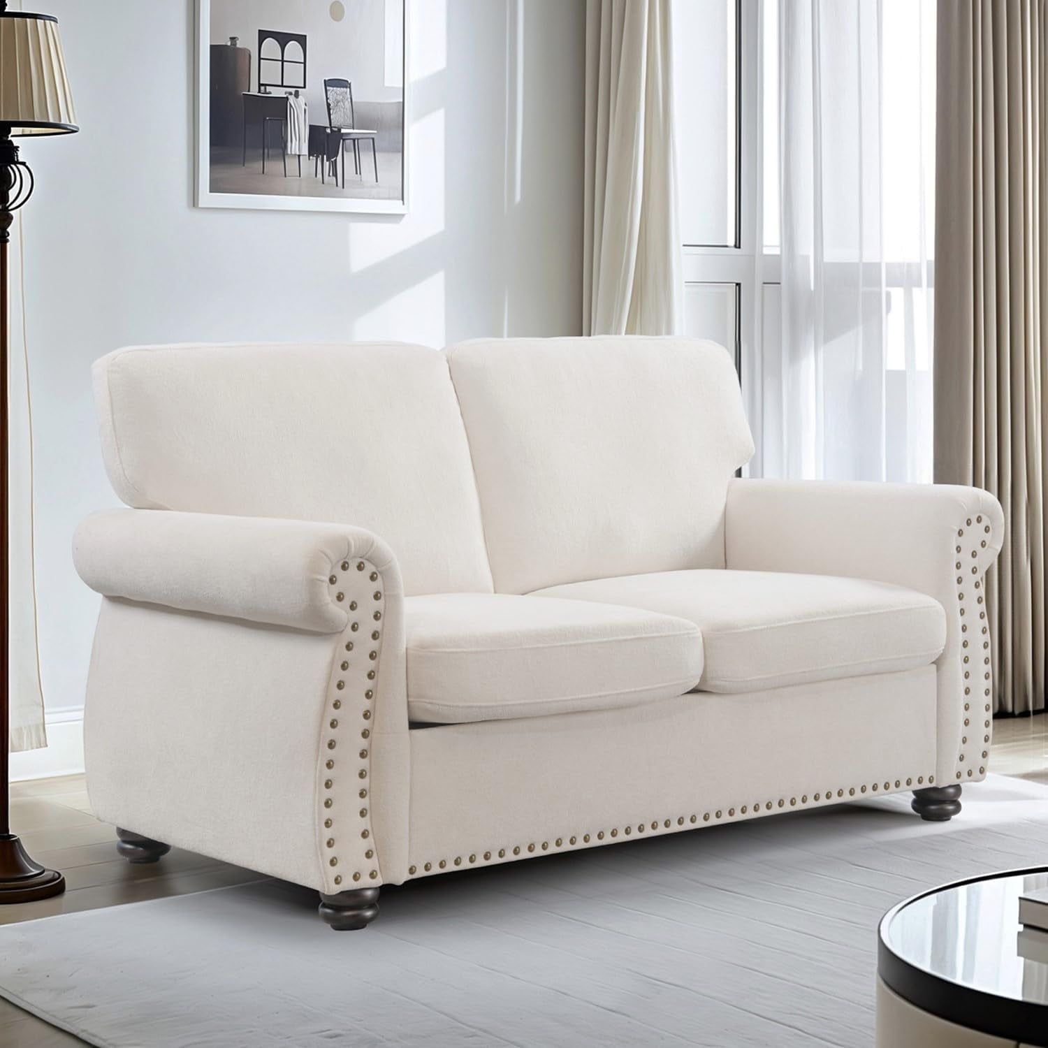 US Pride Furniture 65 in. Wide Rolled Arm Velvet Modern Rectangle Loveseat in Ivory For Home