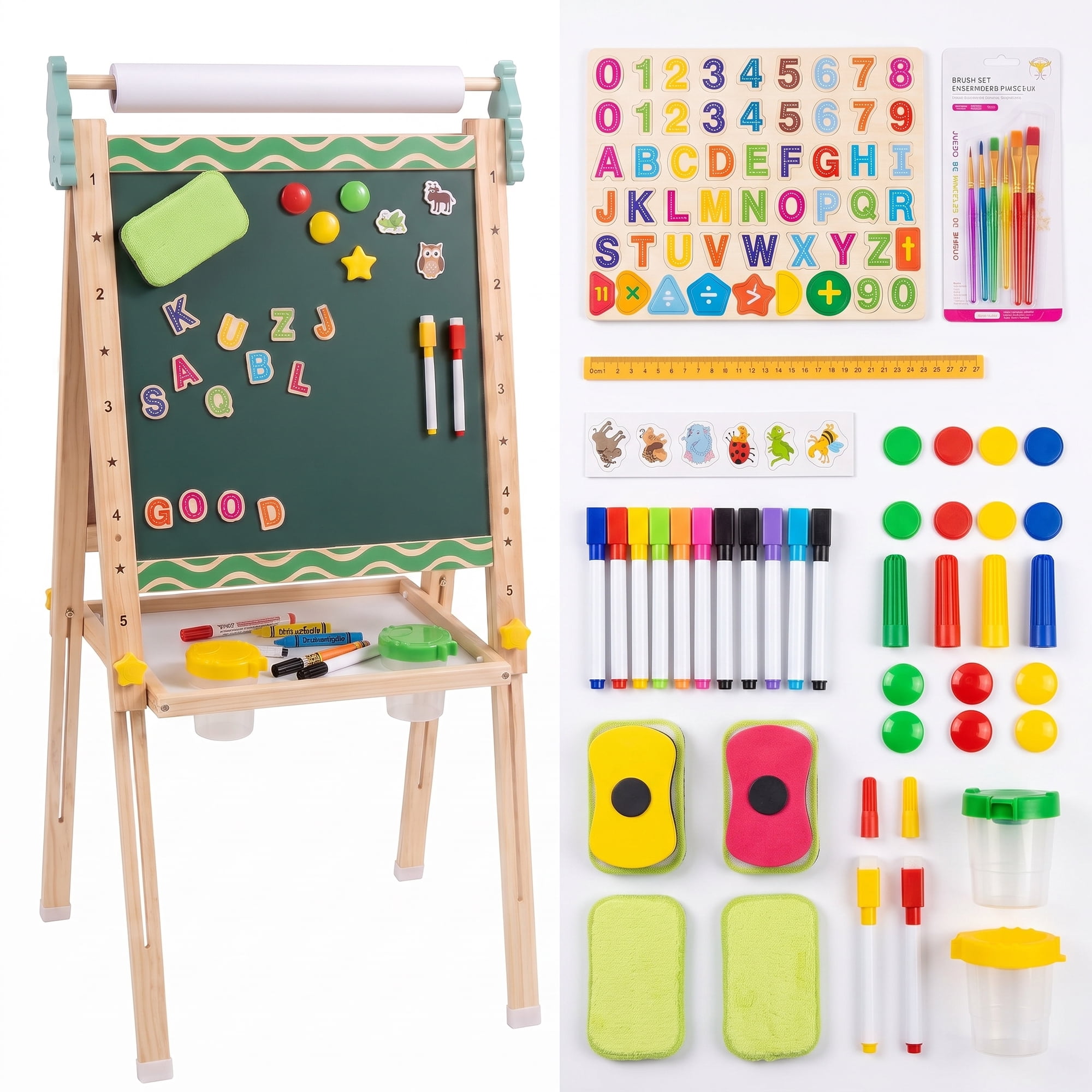 VECUKTY Kids Art Easel Robot 3‑in‑1 Wooden Adjustable Height Magnetic Drawing Board & Chalkboard Detachable Paper Roll Painting Stand Set for Toddlers Boys Girls Ages 3‑10