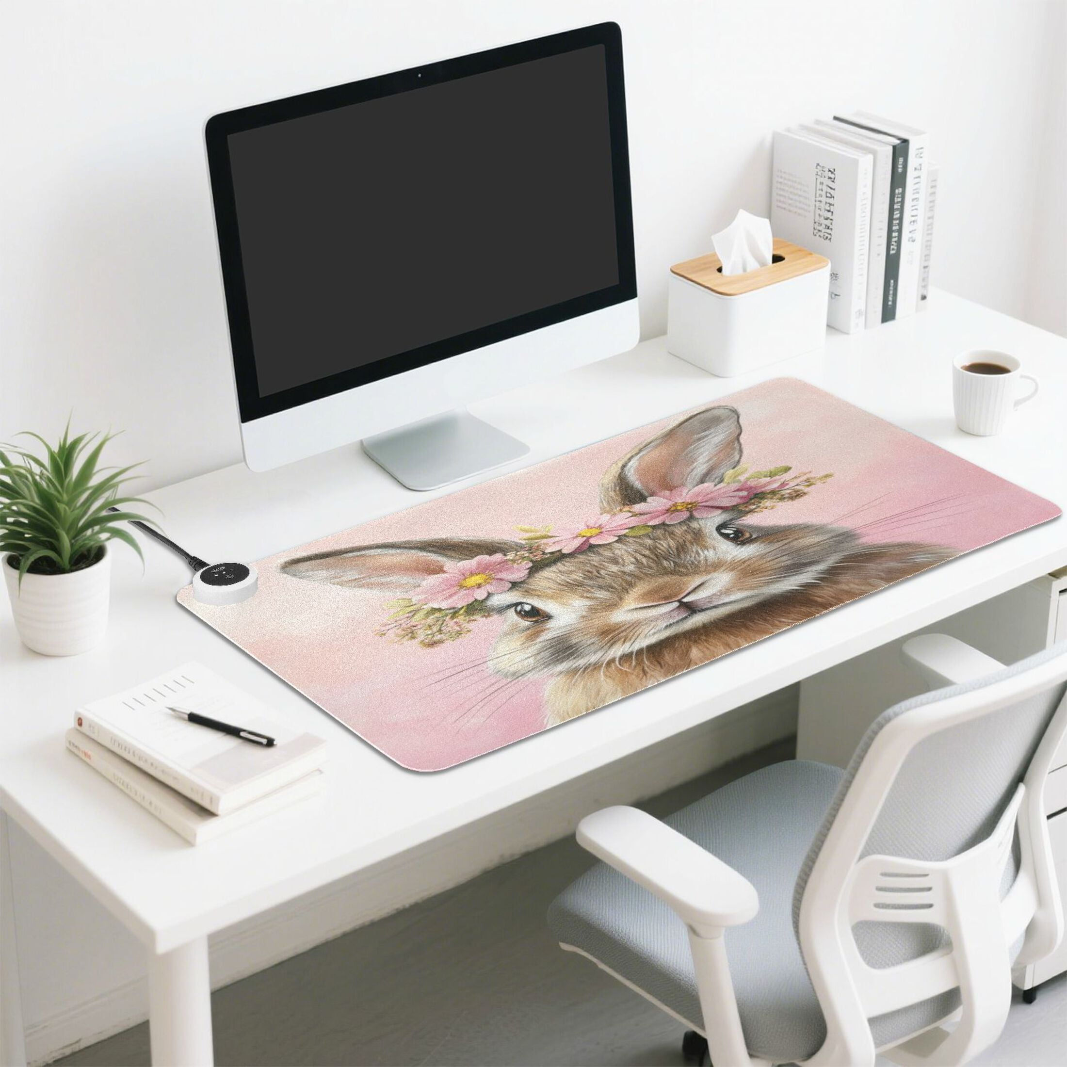 Wobogo Pink Wreath Bunny Heated Mouse Pad Extra-Large Desk Mat With 3 Heating Levels and 3-hour Auto Shut-Off Protection Ideal for Computer Keyboards Home Office Hand-warming Essential 31.5in × 13in