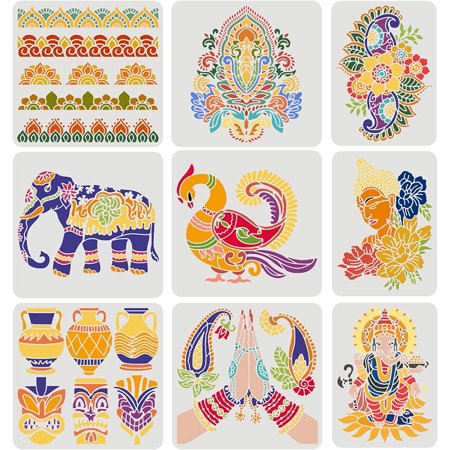 9PCS Indian Theme Stencil 2 Size Elephant God Buddha Vase Flowers Peacock Stencils DIY Henna Buddha Stencil Reusable Plastic Stencils for Painting on Wood Wall Floor Fabric Canvas