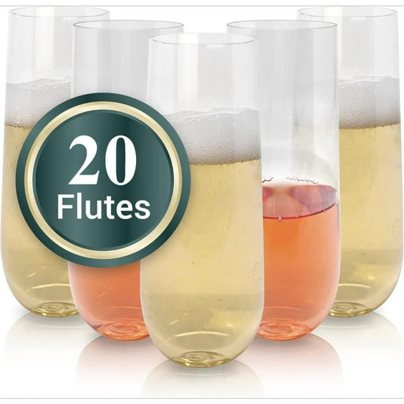 20PCS Champagne Flutes Plastic 9 oz - Clear Stemless Premium Plastic Champagne Flutes Party-Perfect for Celebrations