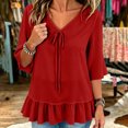 thumbnail image 6 of Tqcoqu Women's Solid Loose Flowy Casual Chiffon Blouse Top,V Neck Tie Front 3/4 Flared Bell Sleeve Ruffle Hem,Wine Women's S-XXXL, 6 of 7