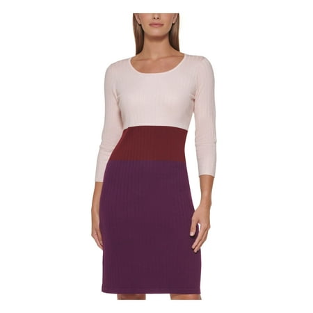 CALVIN KLEIN Womens Pink Ribbed Color Block Long Sleeve Scoop Neck Knee Length Wear To Work Sweater Dress L