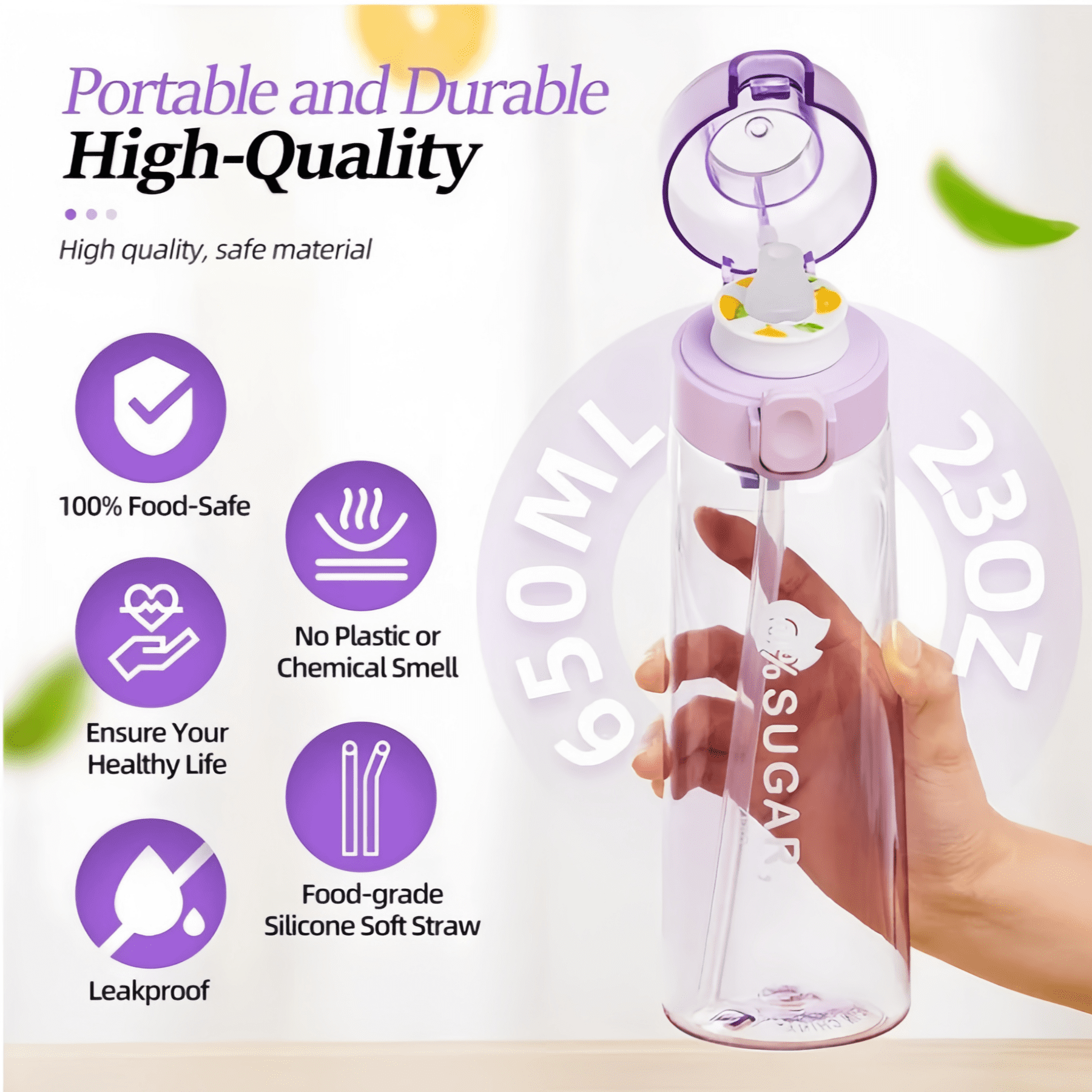 Clear Scented Water Bottle with 7 Flavor Pods - 650ml BPA-Free Tritan Sports Bottle, Leakproof Fruit Aroma Cup for Fitness, Gym & Outdoor (Black)