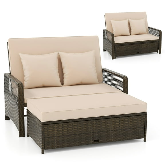 Gymax Patio Rattan Daybed Wicker Loveseat Sofa w/ Multifunctional Ottoman Beige