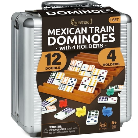 Mexican Train Dominoes Set with 4 Holders - Dominoes Double 12 with Wooden Hub and Tiles Holders - Double 12 Dominos Set for Family Game Night for Adults and Kids Ages 8 and up (D12   4 Holders)