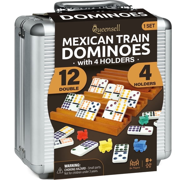 Mexican Train Dominoes Set with 4 Holders - Dominoes Double 12 with Wooden Hub and Tiles Holders - Double 12 Dominos Set for Family Game Night for Adults and Kids Ages 8 and up (D12   4 Holders)