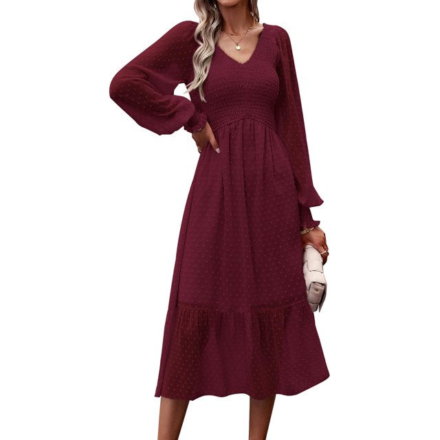Vestido PRETTYGARDEN, midi, manga larga, cintura imperial, para mujer