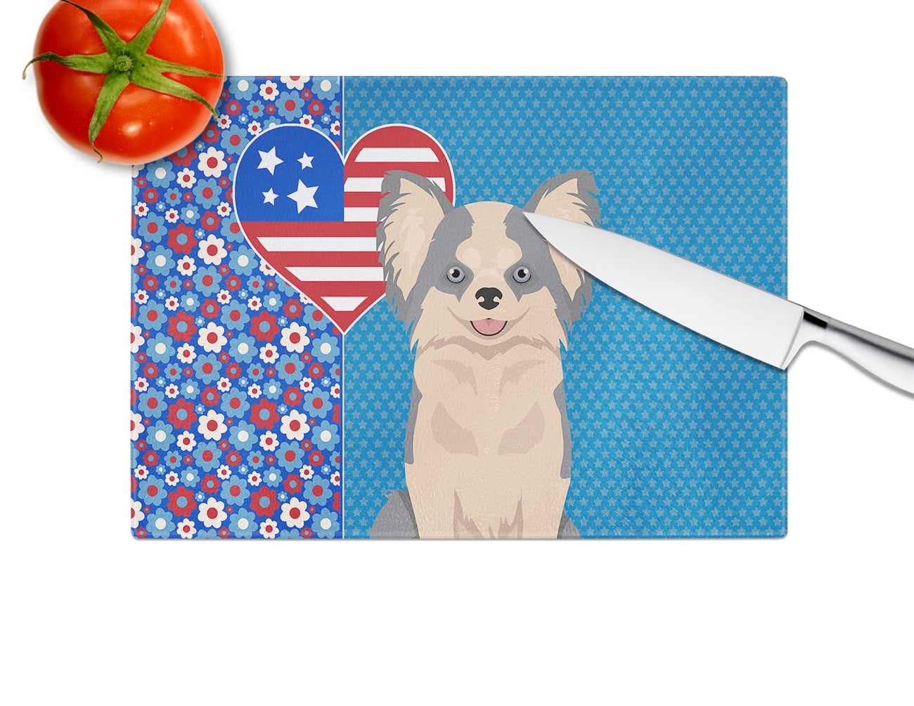Longhaired Blue and White Chihuahua Glass Cutting Board Large 12 in x 15 in