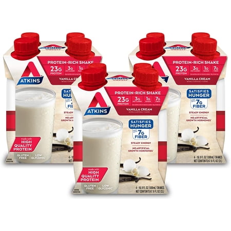 Atkins Meal Size Vanilla Cream Protein-Rich Shake. With High-Quality Protein. Keto-Friendly and Gluten Free. (12 Shakes), 16.9 Fl Oz