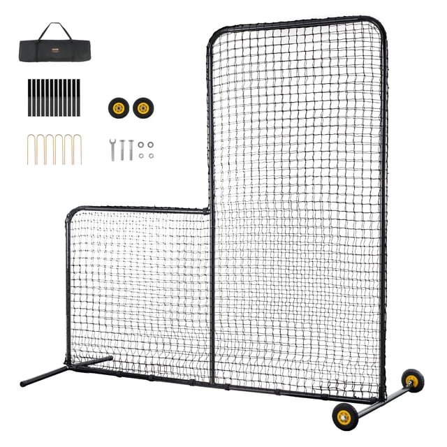 VEVOR L Screen Baseball for Batting Cage, 7x7 ft Softball Safety Screen with durable steel pipe frame, high-density PE netting, and double-sided design for left and right-handed players. Ideal for pitcher protection during batting practice. Includes wheels for portability, ground stakes, and a waterproof carry bag for easy transport and storage.