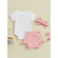 thumbnail image 5 of Yunliwuli Baby Girl Summer Clothes Letter Print Short Sleeve Romper with Solid Color Ruffled Shorts and Headband Outfits, 5 of 10
