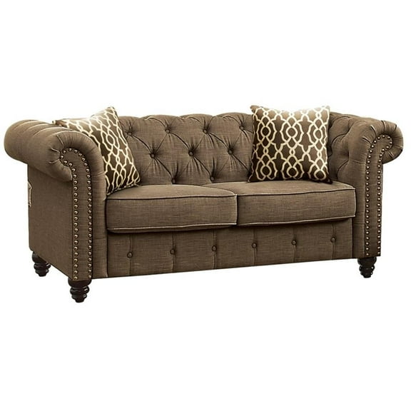 Bowery Hill Tuxedo Linen Fabric Tufted Loveseat with Nailhead Trim in Brown