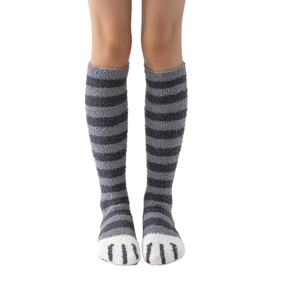 Cozy Cat Paw Crew Socks for Women - Thick Coral Fleece Lined, Striped, Warm Winter Socks, Cute College Style Casual Socks