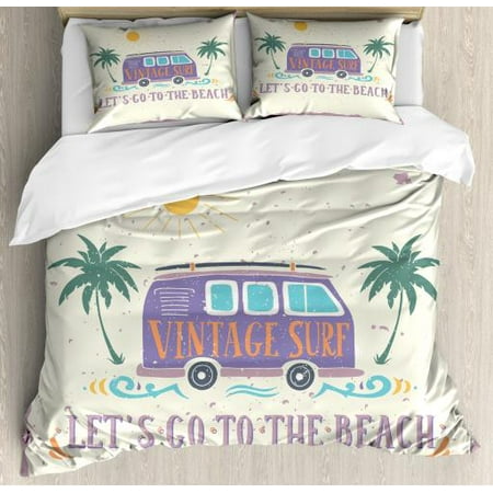 Happy Camper Queen Size Duvet Cover Set, Let's Go to the Beach Slogan with Grunge Palm Trees Minivan and Surfboard, Decorative 3 Piece Bedding Set with 2 Pillow Shams, Multicolor, by