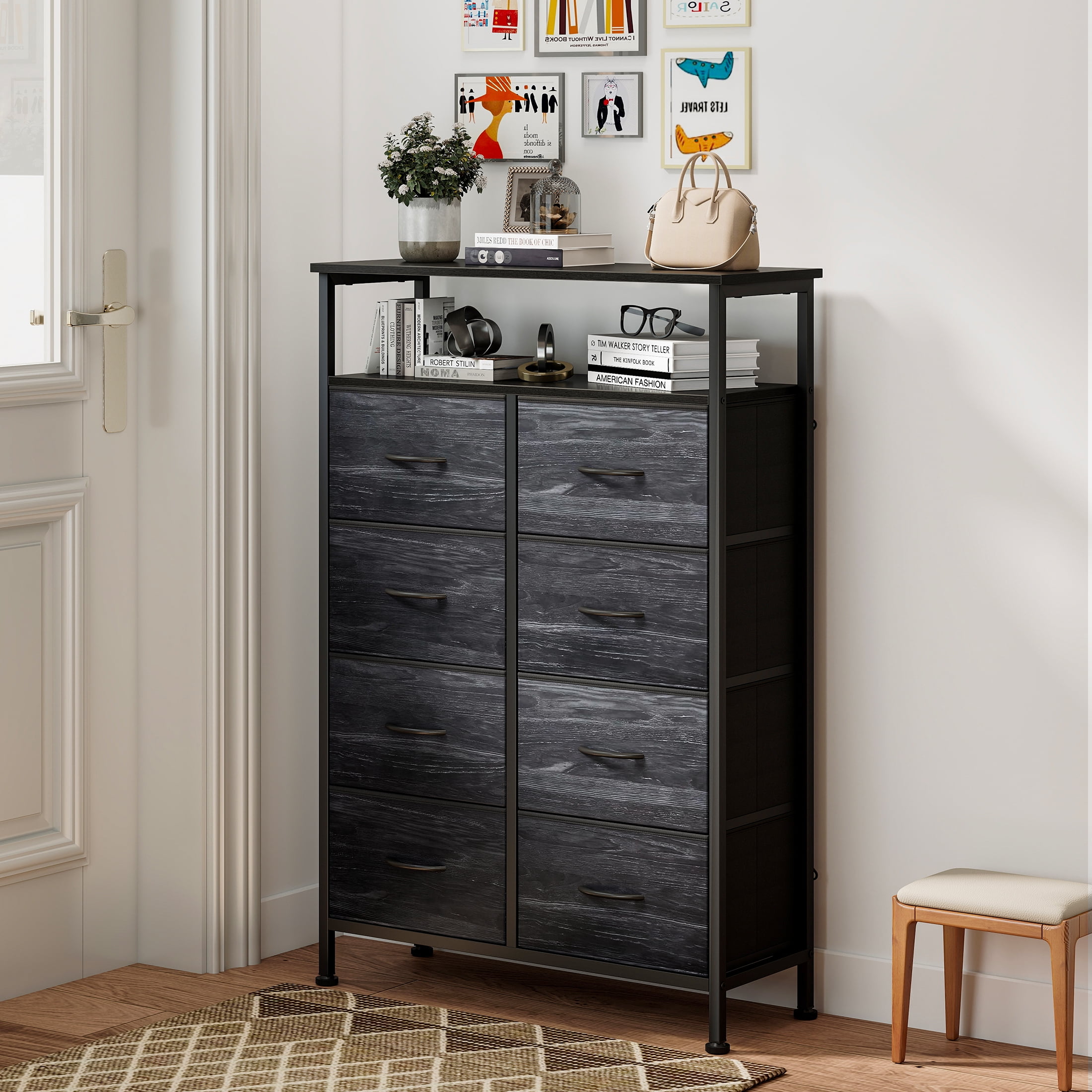 edx 8 Drawers Fabric Dresser, Clothes Storing, Storage Tower Organizer TV Stand, for Bedrooms, Wardrobes, Entryways, and Living Rooms, WoodBlack
