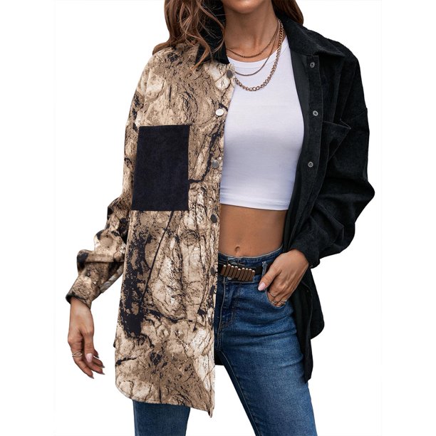 Moda mujer camisa de empalme estampado de leopardo cuello vuelto manga larga bolsillo de un solo pec Abanopi Medio