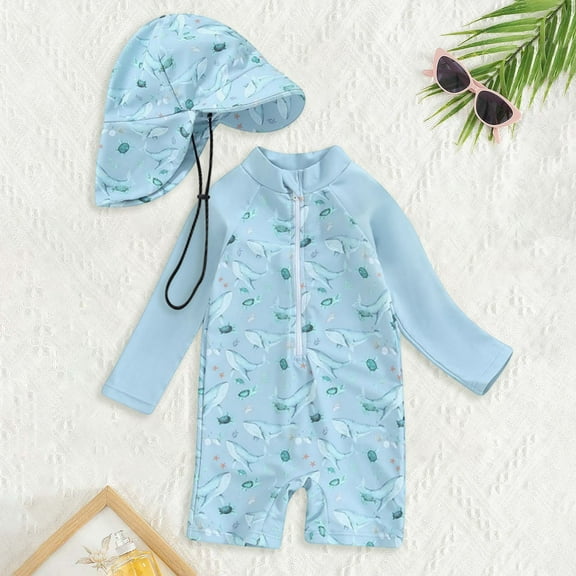 Toddler Boy Rash Guard Swimsuit Long Sleeve Swimwear Sunsuit Bathing Suit Beachwear Long Sleeve Sea Animals Cartoon Print Bathing Suit Light Blue 12-24 Months