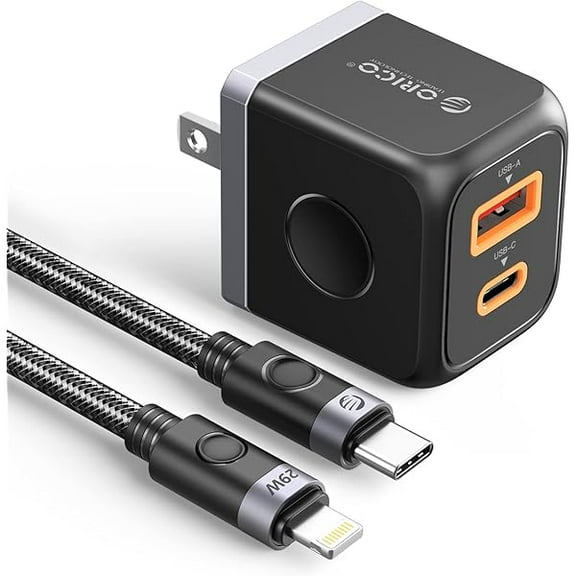 ORICO GaN USB C Charger with USB C Cable, 30W Power Delivery   QC3.0 USB A Double Port Fast Charging Adapter, Mini Wall Charger Compatible with iPhone 14 13 12 Pro Max Galaxy, iPad, MacBook Air