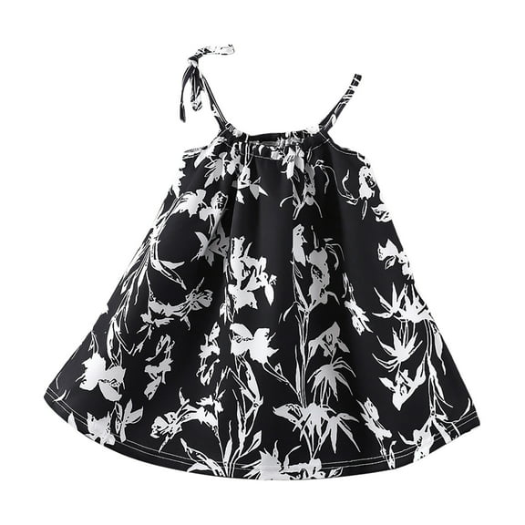 XUELUO Baby Girls Dresses Spaghetti Strap Black-White Floral Print Flared Skirts Summer Outings Casual Cool Chic Dress
