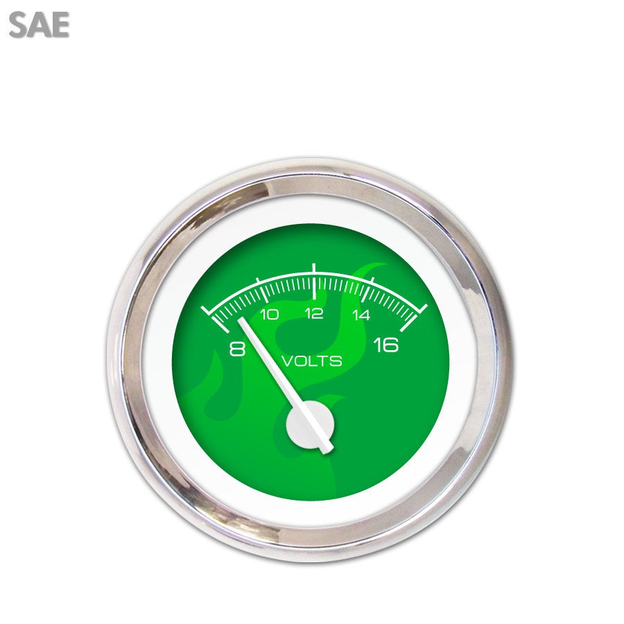 Volt GaugeSAE Ghost Flame Green White Modern Needles Chrome Trim Rings
