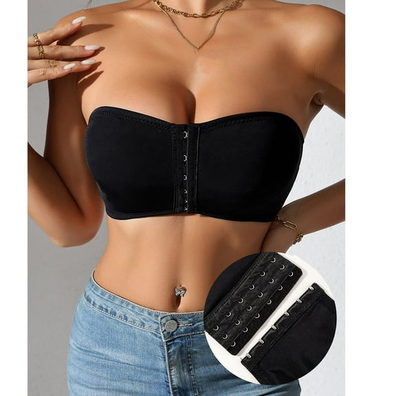 LYEAA Bras for Women Front Closure Wireless No Underwire Strapless Push Up Bandeau Solid Support Non-Slip Breathable Comfortable Soft Sleeping Everyday Bra Black L